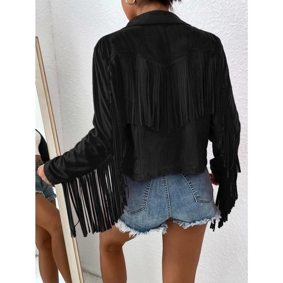boho cowboy Fringe Trim Open Front Jacket vegan suede hot pink - Picture 8 of 11